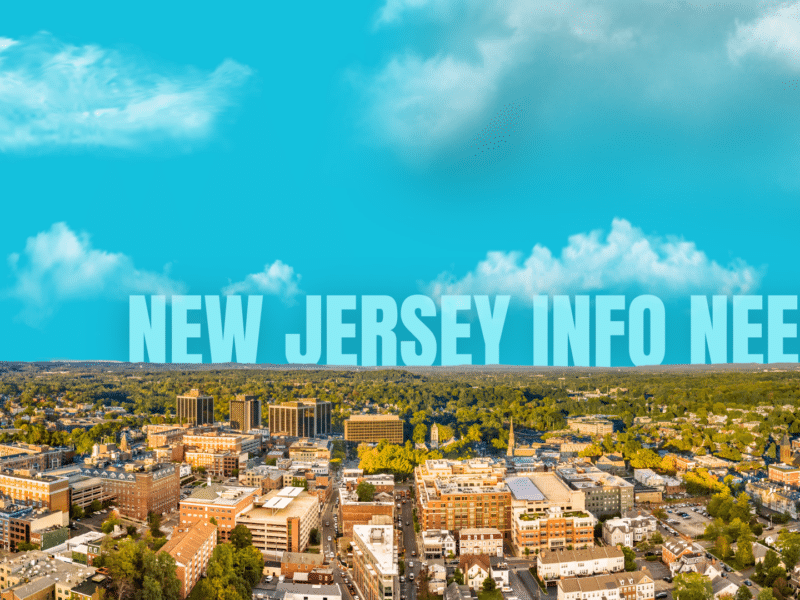 A landscape photo of the Morristown, NJ skyline with white all-caps text along the horizon that reads, "NEW JERSEY INFO NEEDS"