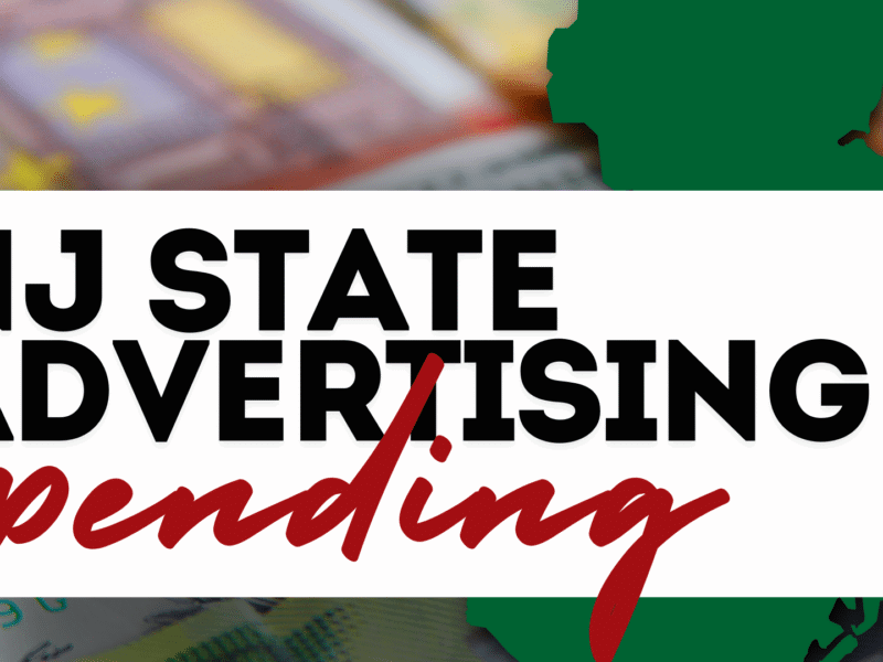 NJ State Advertising Spending text overlaid on an image showing the outline of New Jersey in green and blurred background of currency and financial data.