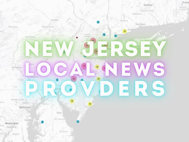 A map showing the state of New Jersey highlighted in purple against a light gray background of surrounding states. White bold text reading "NEW JERSEY LOCAL NEWS PROVIDERS" overlays the map with a gradient effect from green to purple to blue. Small colored circles with numbers mark the locations of various news outlets throughout New Jersey and neighboring areas.