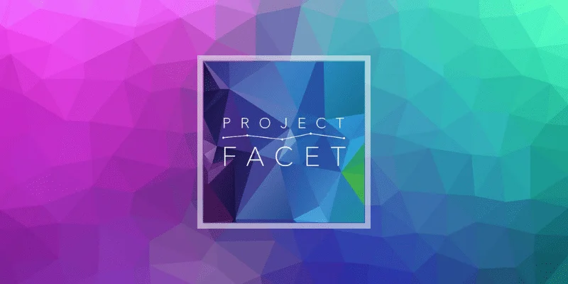 Decoration only: A square Project Facet logo sits against a purple-to-blue gradient with triangular tessellations in the background.
