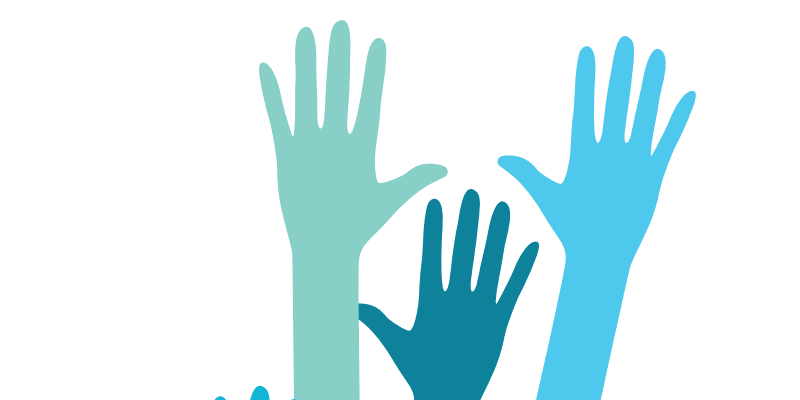 Decoration only: A rectangular illustration showing three blue hands of different shades reaching up from the bottom of the image.