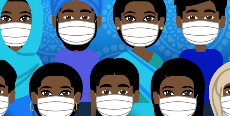 Decoration only: An illustration depicting two rows of people of color in white masks against a blue background.