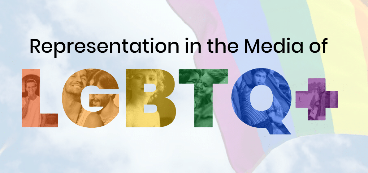 Decoration only: A rainbow flag waves in the background behind text that reads, "Representation in the Media: LGBTQ+"