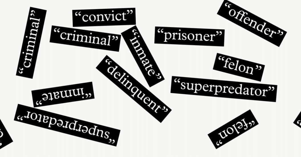 Decoration only: A white rectangular graphic with a series of black labels scattered across the image with white text on each label, each with a different word often associated with incarcerated or formerly incarcerated people.