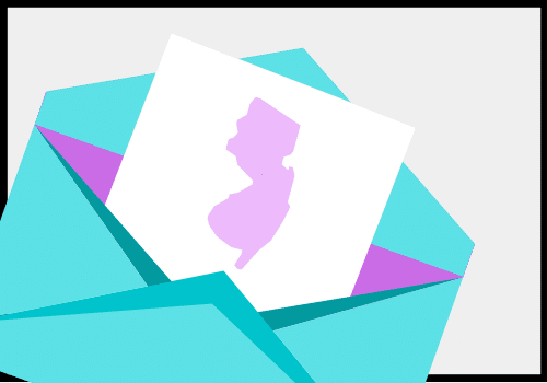 A graphic illustration of an envelope with an outline of the state of New Jersey on it.