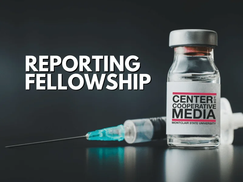 A vile of medicine next to a syringe with the text, "Reporting Fellowship" next to it.