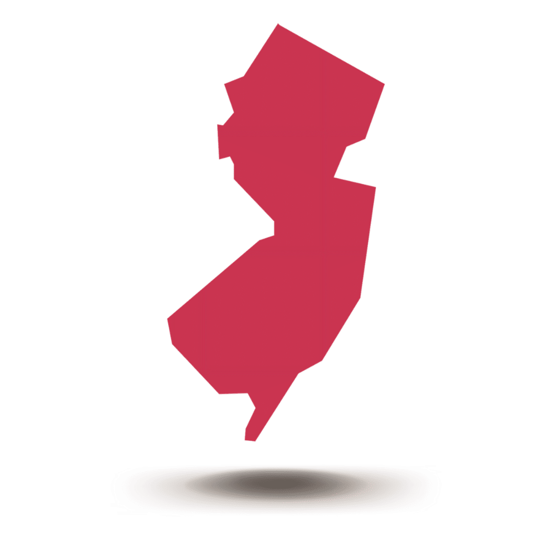 A floating red silhouette of the state of New Jersey.
