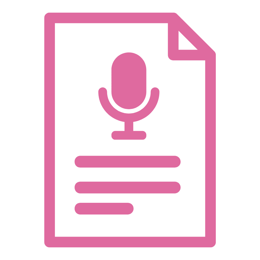 A pink document icon with a microphone in the middle.