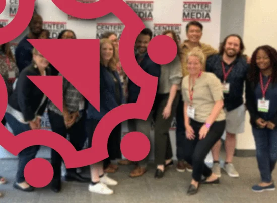 A blurred group photo of the Center staff members behind a red CJS logo in the upper left corner.