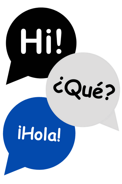 Three speech bubbles containing greetings in different languages: black bubble with "Hi!", grey bubble with "¿Qué?", and blue bubble with "¡Hola!"